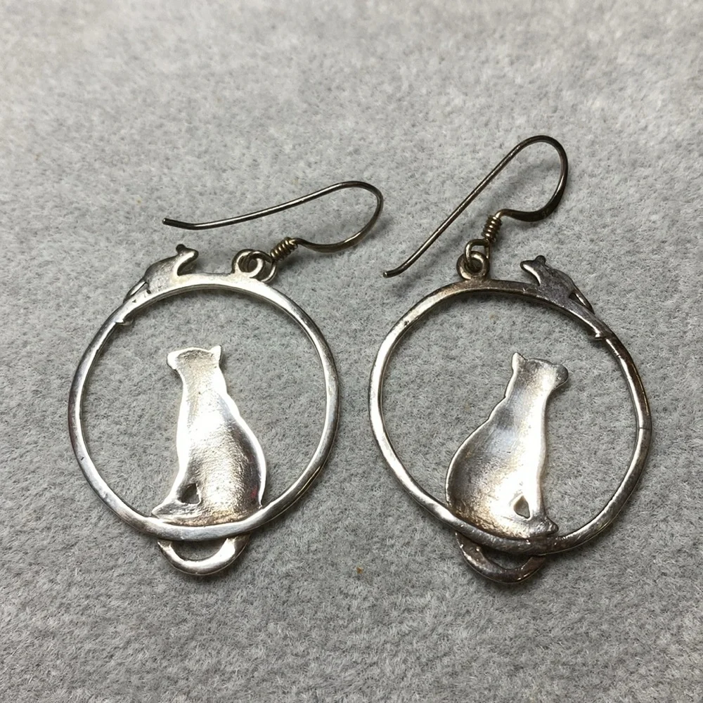 Solid Sterling Silver Full Moon Cat Earrings Vintage Goth Witch